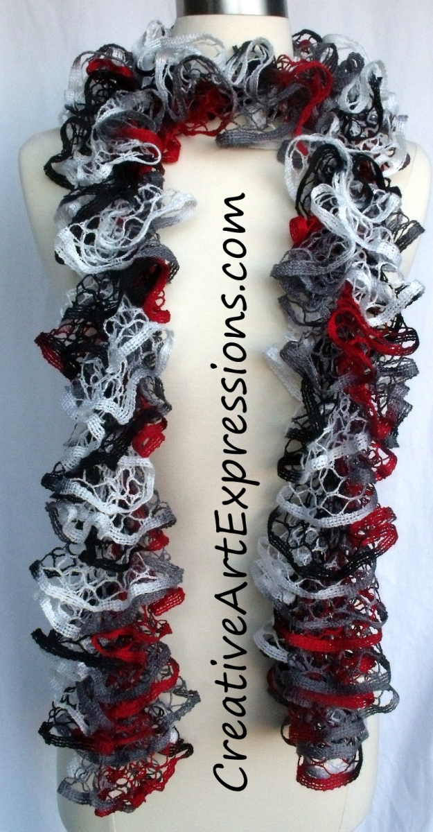 Creative Art Expressions Hand Knit Red Black Gray & White Ruffle Scarf